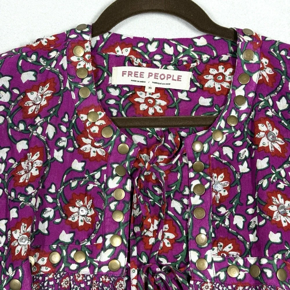 Free People Top Womens XS Malia Babydoll Jacket Embellished Floral Tie Front NWT